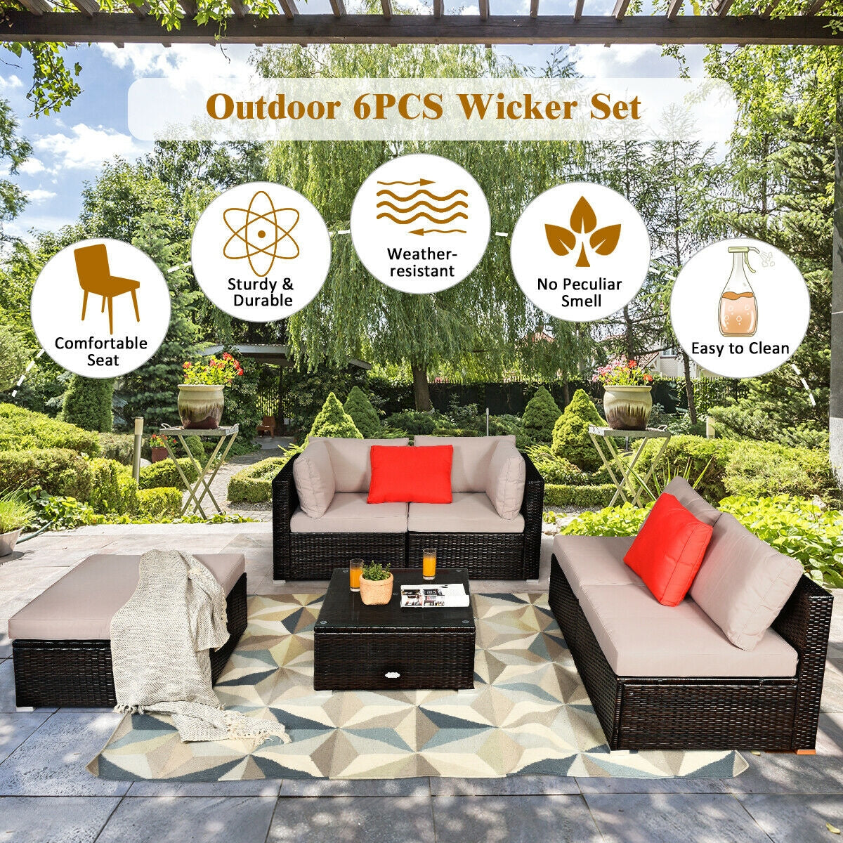 6 Pieces Outdoor Patio Rattan Furniture Set Sofa Ottoman, Beige Outdoor Sectionals at Gallery Canada