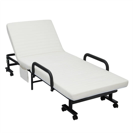 Folding Adjustable Guest Single Bed Lounge Portable with Wheels, White - Gallery Canada