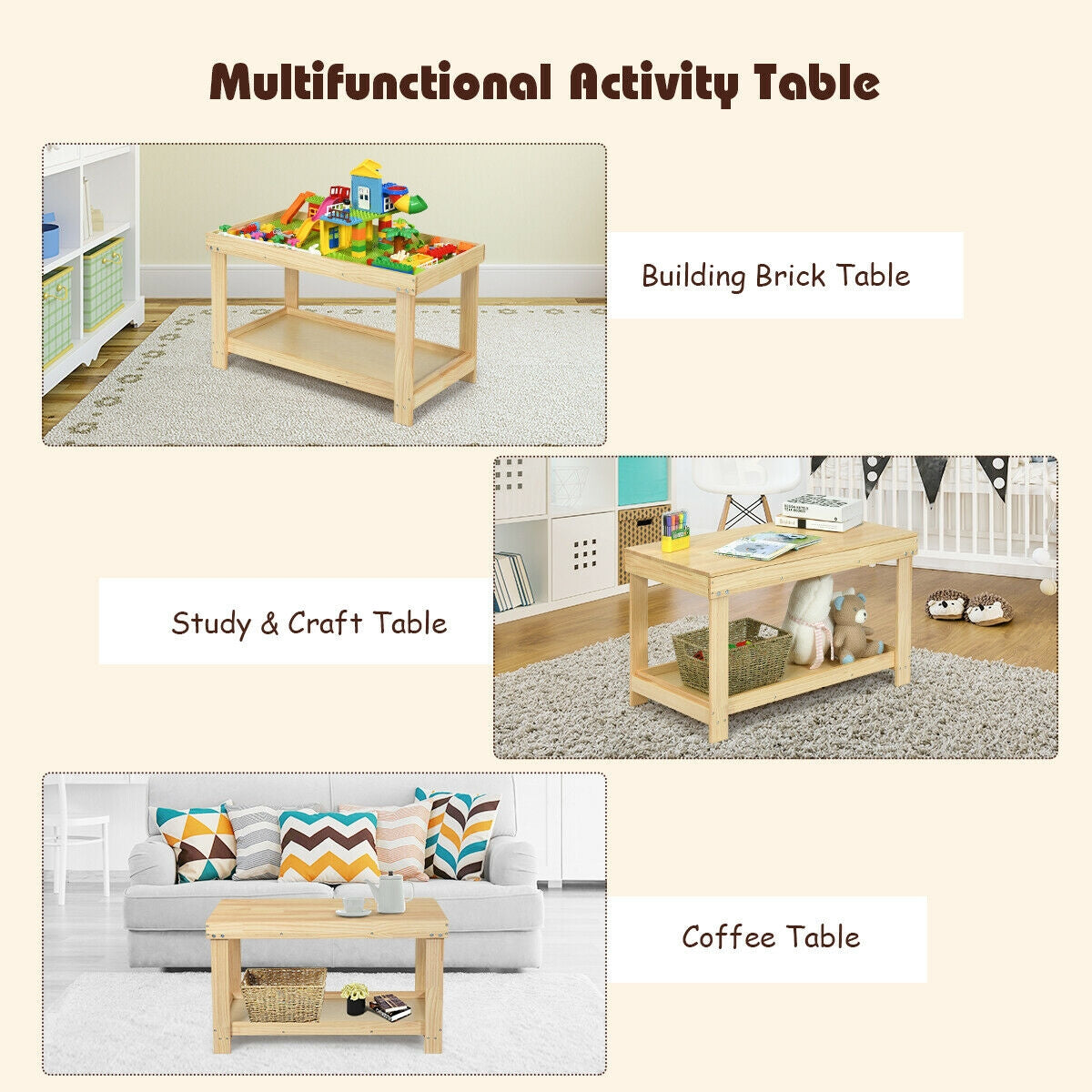 Solid Multifunctional Wood Kids Activity Play Table, Natural Kids Table & Chair Sets at Gallery Canada