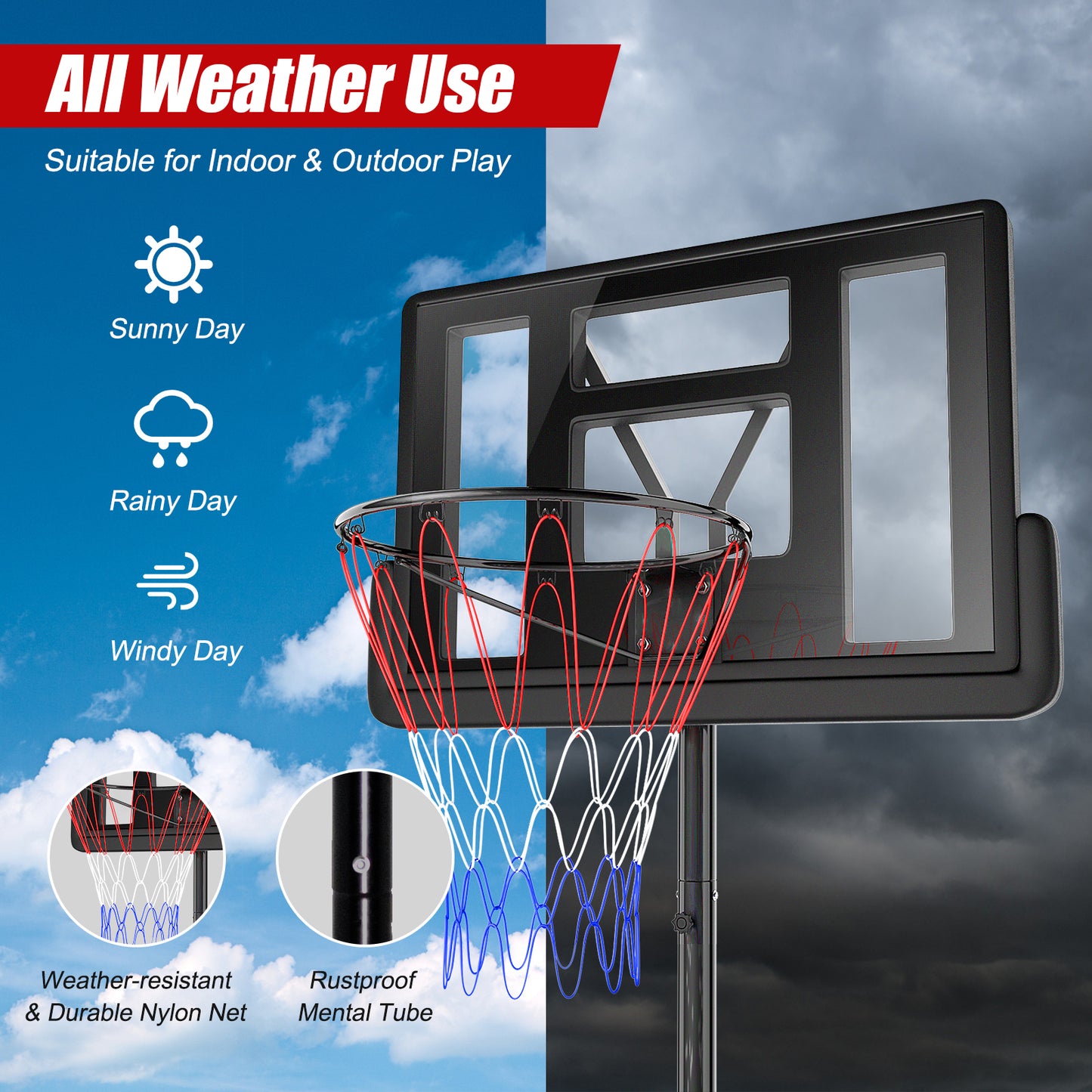 Height Adjustable Portable Shatterproof Basketball Hoop, 2 Nets, Black Sport Equipments at Gallery Canada
