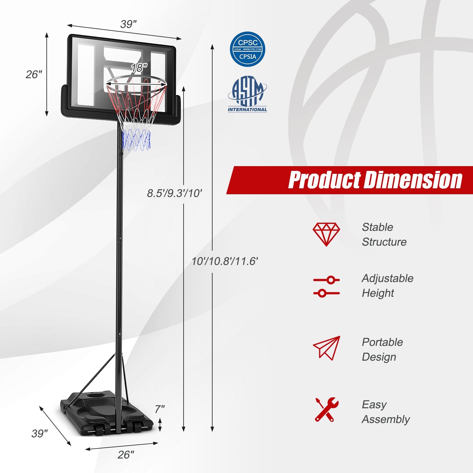 Height Adjustable Portable Shatterproof Backboard Basketball Hoop with 2 Nets, Black - Gallery Canada