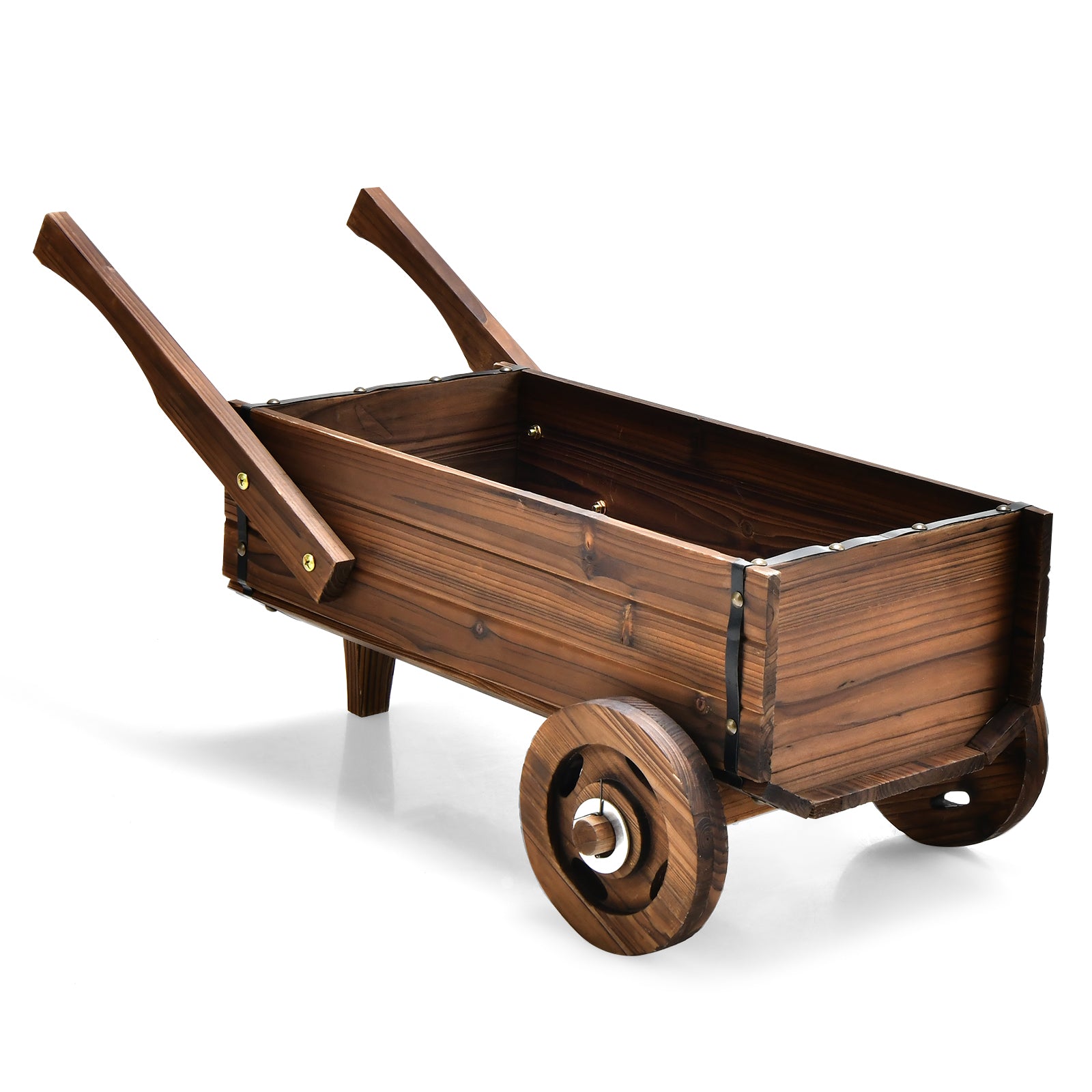 Wooden Wagon Planter Box with Wheels Handles and Drainage Hole, Rustic Brown Raised Garden Beds at Gallery Canada