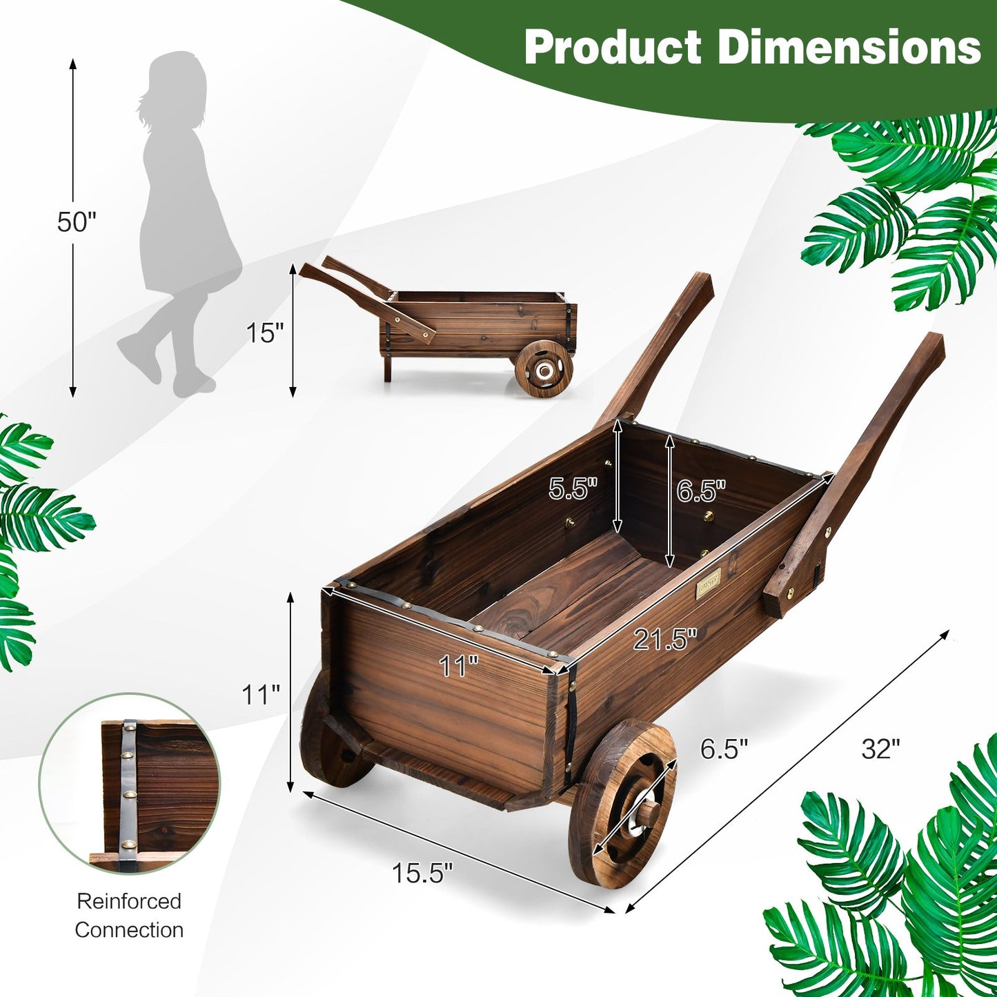Wooden Wagon Planter Box with Wheels Handles and Drainage Hole, Rustic Brown - Gallery Canada