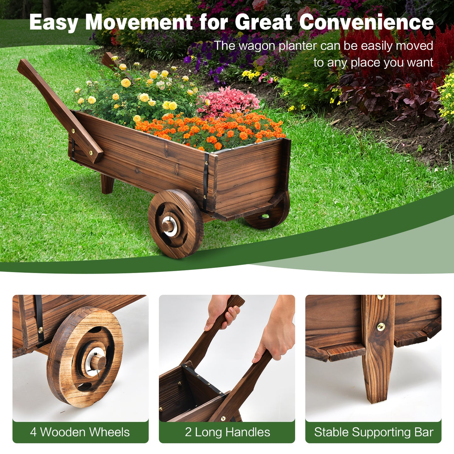 Wooden Wagon Planter Box with Wheels Handles and Drainage Hole, Rustic Brown Raised Garden Beds at Gallery Canada