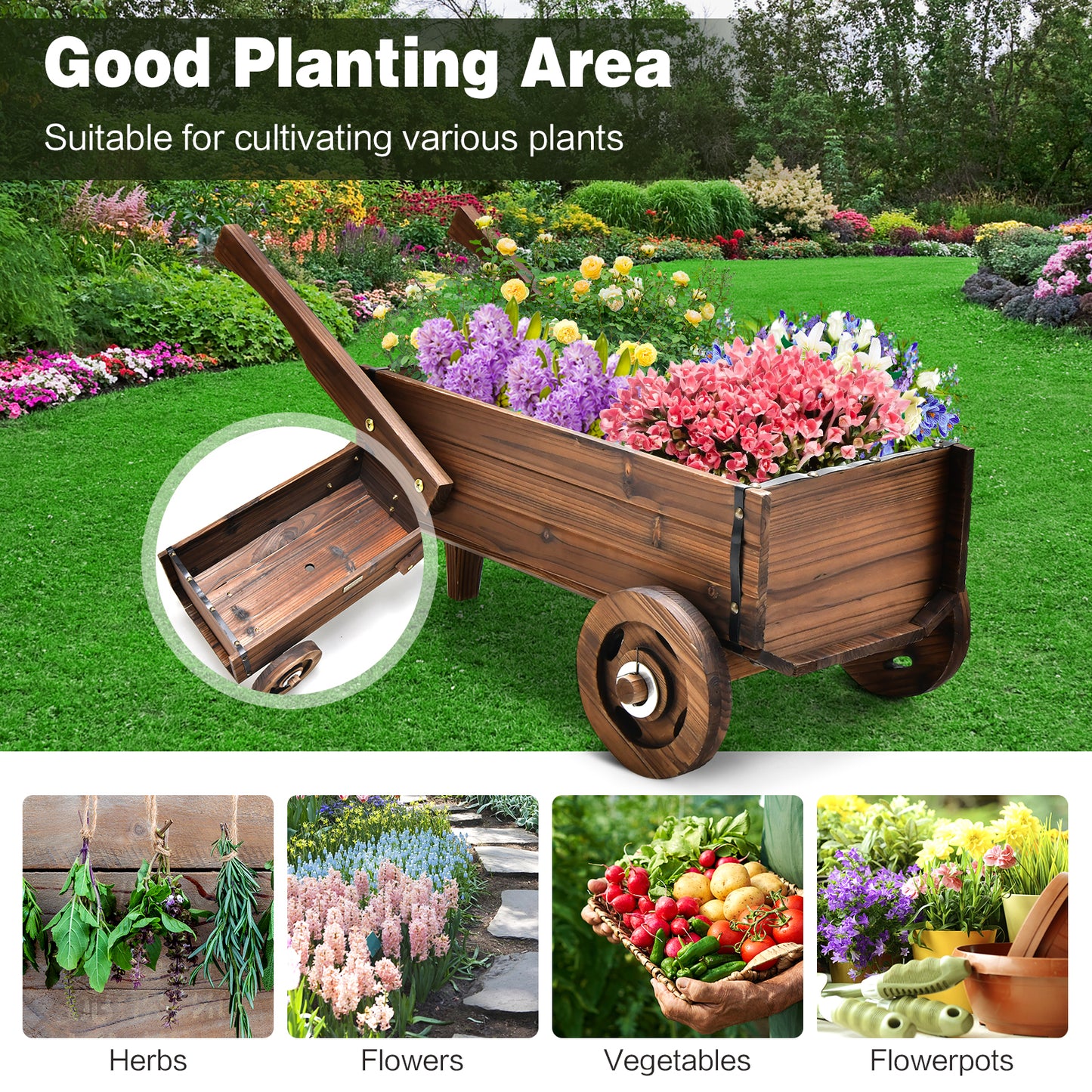 Wooden Wagon Planter Box with Wheels Handles and Drainage Hole, Rustic Brown Raised Garden Beds at Gallery Canada