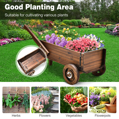 Wooden Wagon Planter Box with Wheels Handles and Drainage Hole, Rustic Brown Raised Garden Beds at Gallery Canada