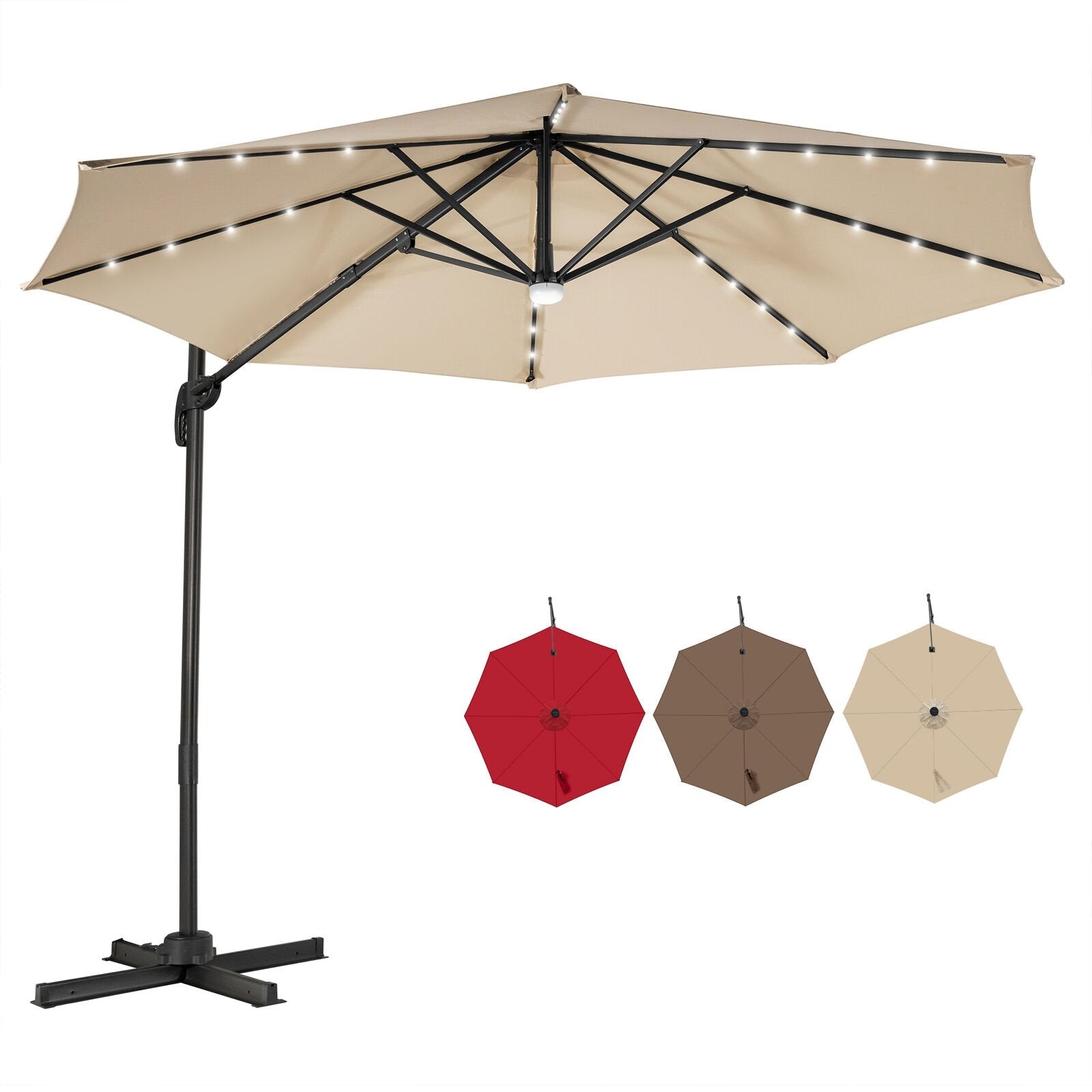 10FT Cantilever Solar Umbrella 28LED Lighted Patio Offset Tilt 360° for Outdoor, Beige - Gallery Canada