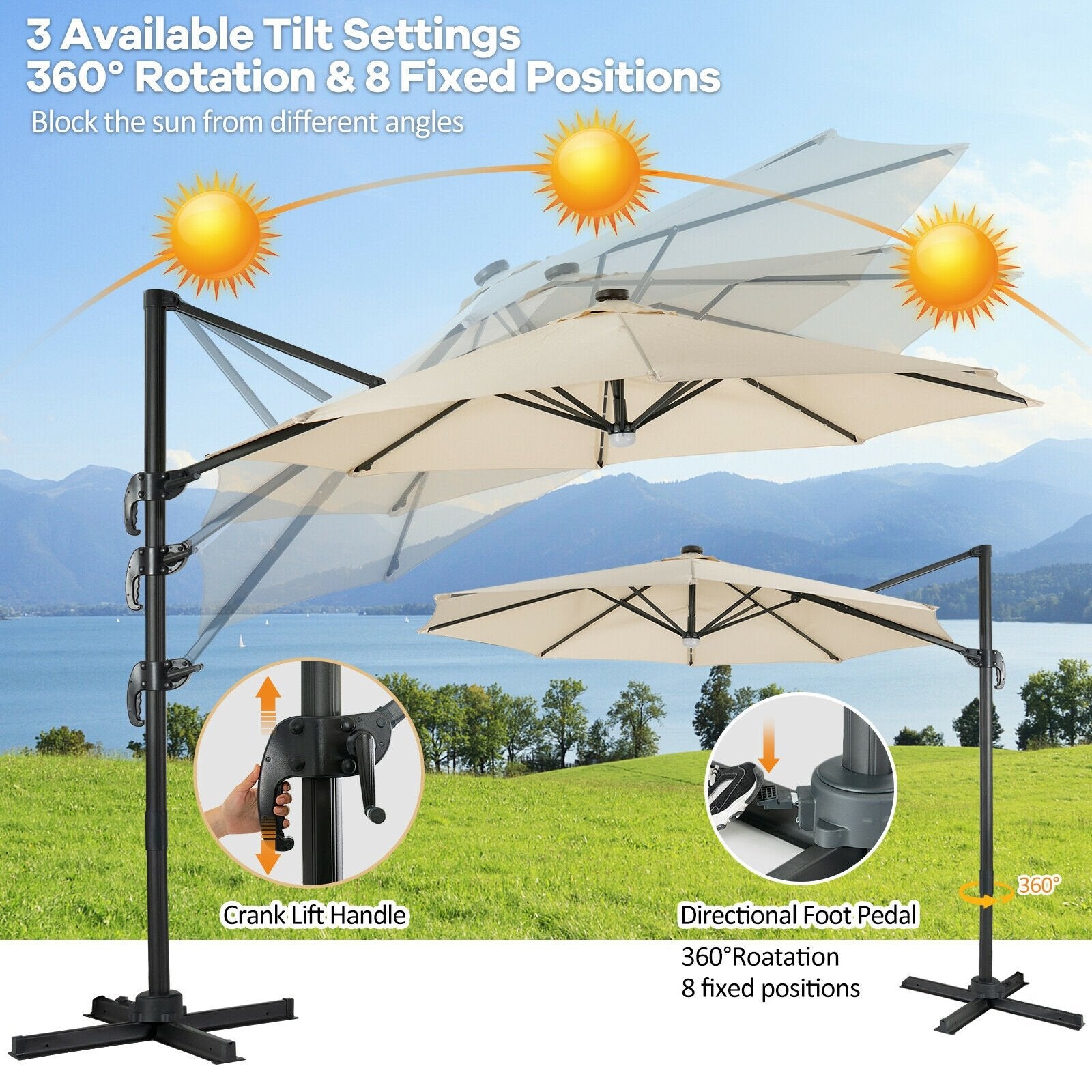 10FT Cantilever Solar Umbrella 28LED Lighted Patio Offset Tilt 360° for Outdoor, Beige - Gallery Canada
