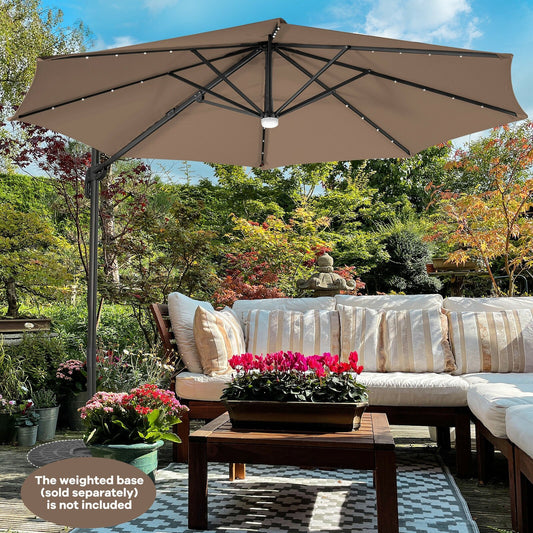 10FT Cantilever Solar Umbrella 28LED Lighted Patio Offset Tilt 360° for Outdoor, Brown - Gallery Canada