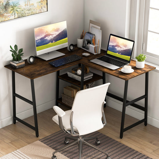 L Shaped Corner Computer Desk with Storage Shelves, Brown - Gallery Canada