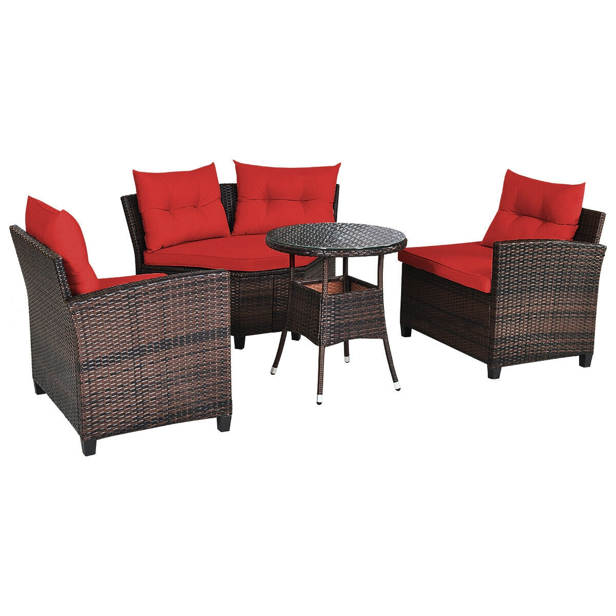 4 Pieces Outdoor Cushioned Rattan Furniture Set, Red Outdoor Sectionals at Gallery Canada