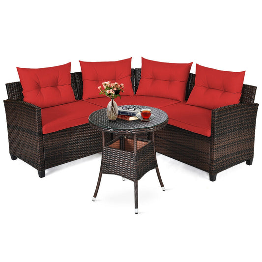 4 Pieces Outdoor Cushioned Rattan Furniture Set, Red Outdoor Sectionals Red at Gallery Canada
