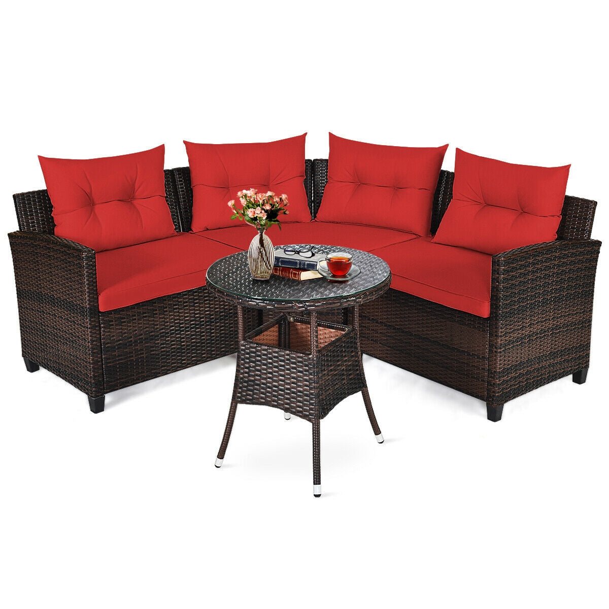 4 Piece Outdoor Rattan Furniture Set, Red Outdoor Sectionals Red at Gallery Canada