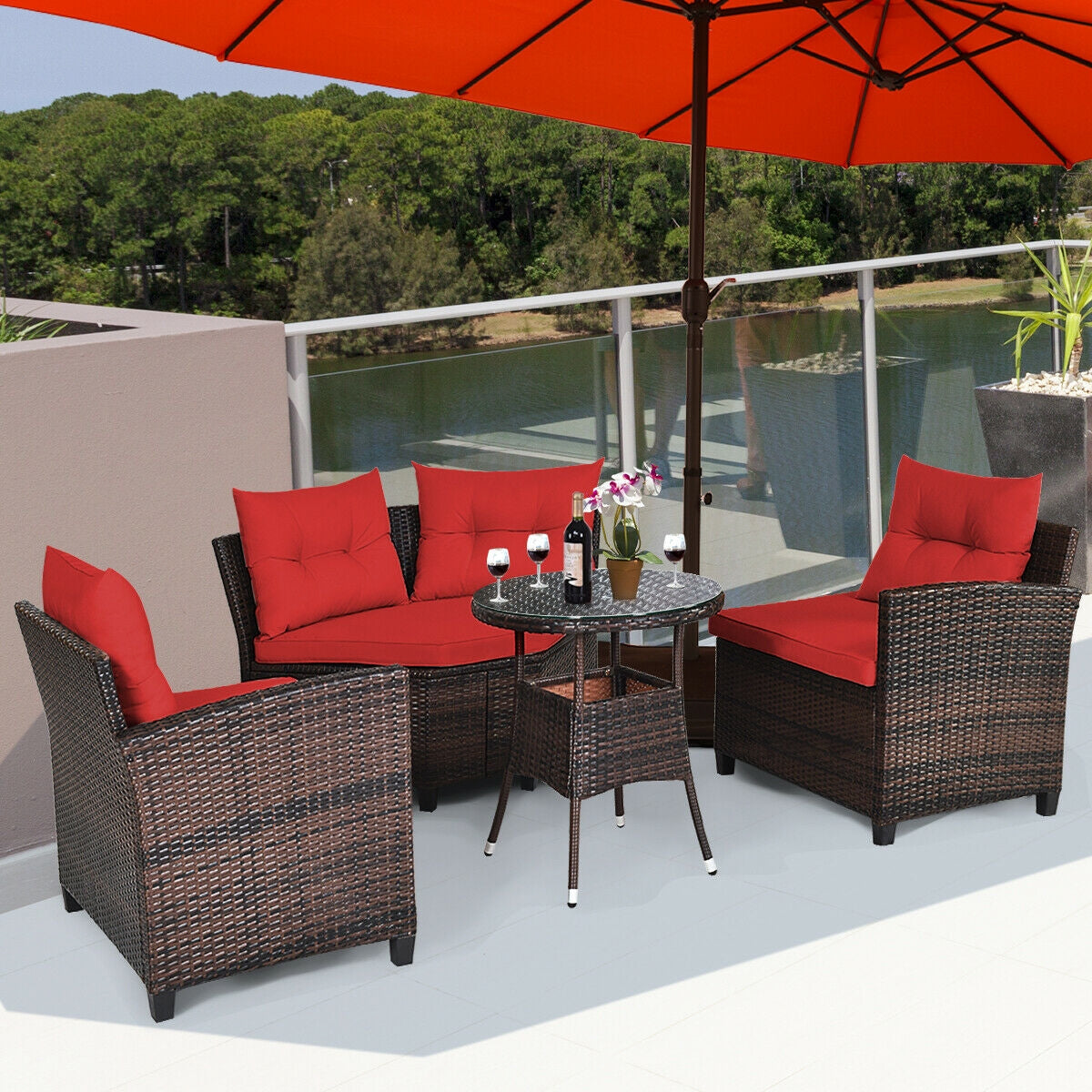 4 Pieces Outdoor Cushioned Rattan Furniture Set, Red Outdoor Sectionals at Gallery Canada