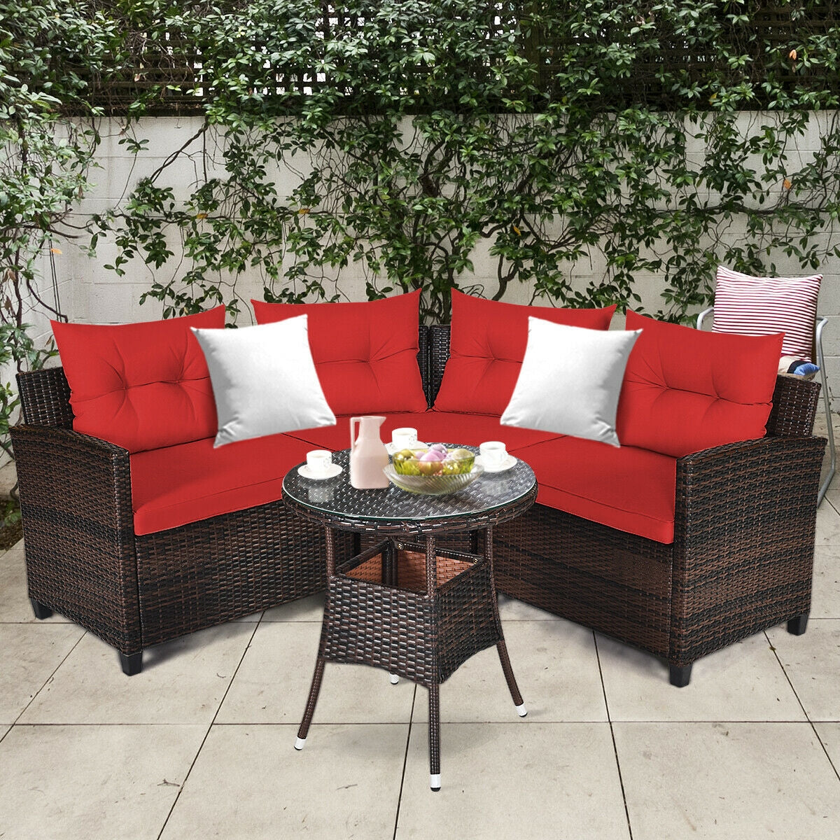 4 Pieces Outdoor Cushioned Rattan Furniture Set, Red Outdoor Sectionals at Gallery Canada