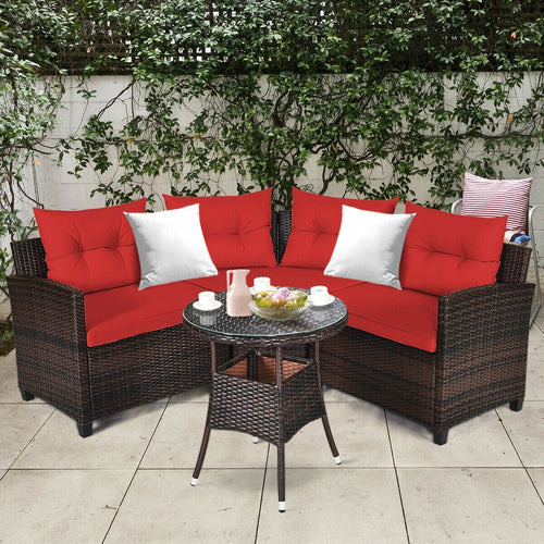 4 Pieces Outdoor Cushioned Rattan Furniture Set, Red