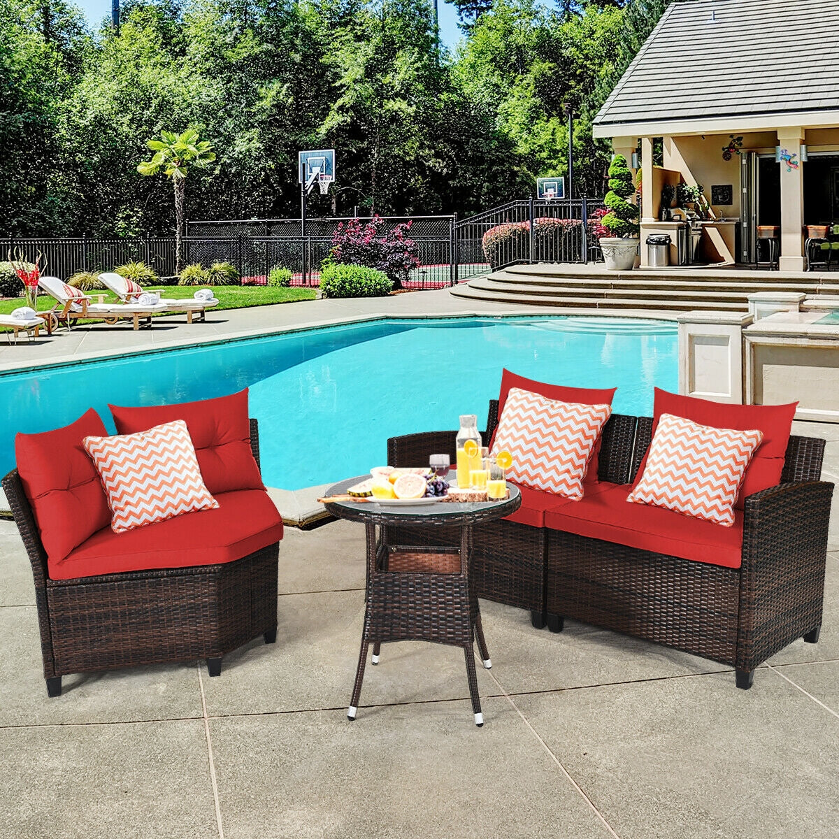 4 Pieces Outdoor Cushioned Rattan Furniture Set, Red Outdoor Sectionals at Gallery Canada