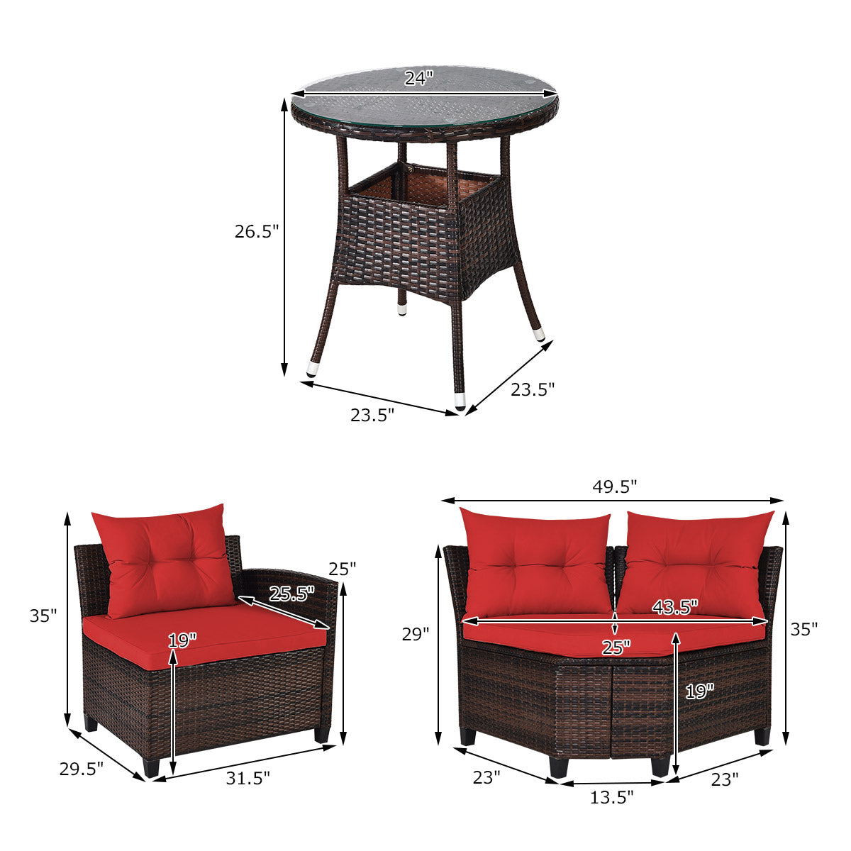 4 Pieces Outdoor Cushioned Rattan Furniture Set, Red Outdoor Sectionals at Gallery Canada