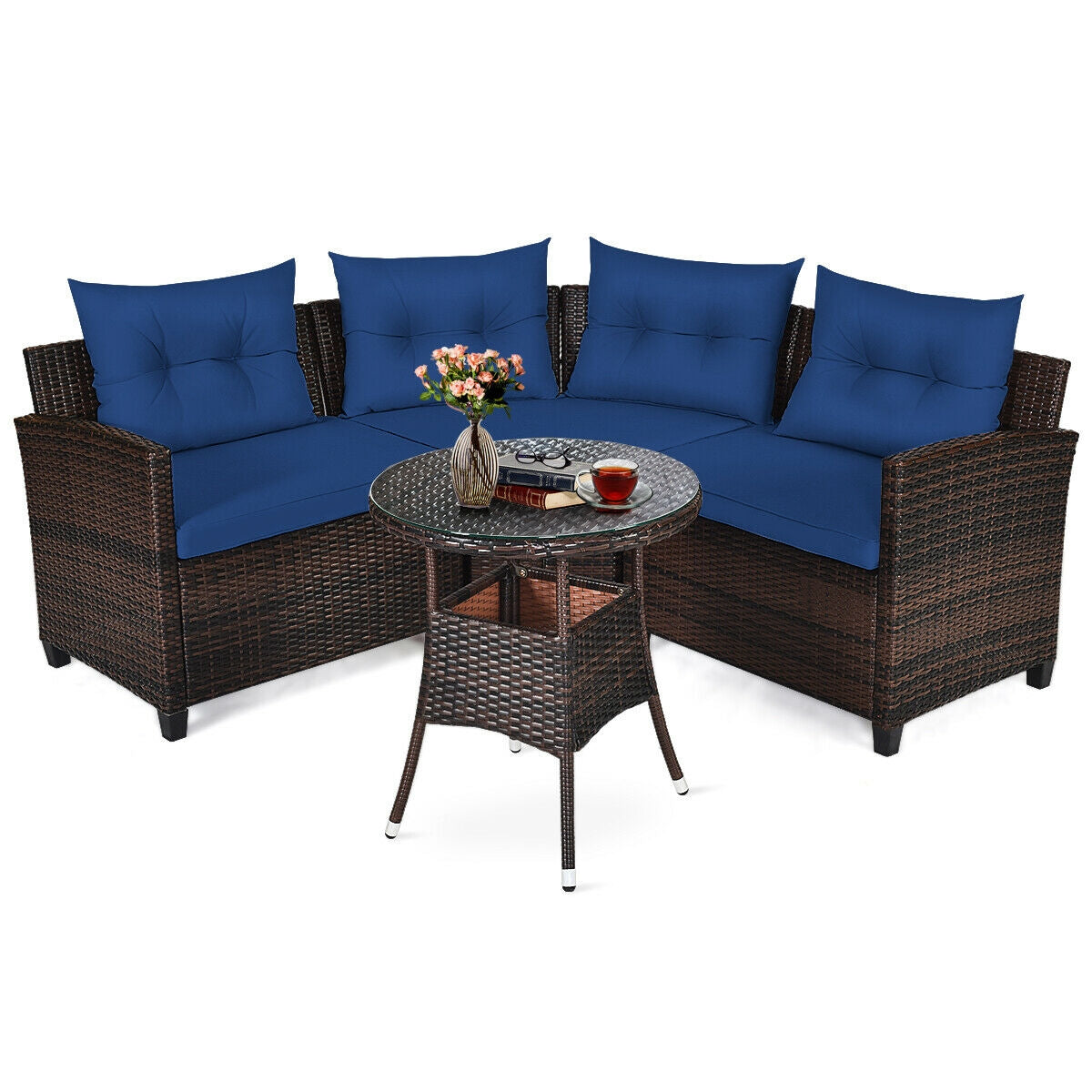 4 Piece Outdoor Rattan Furniture Set, Navy