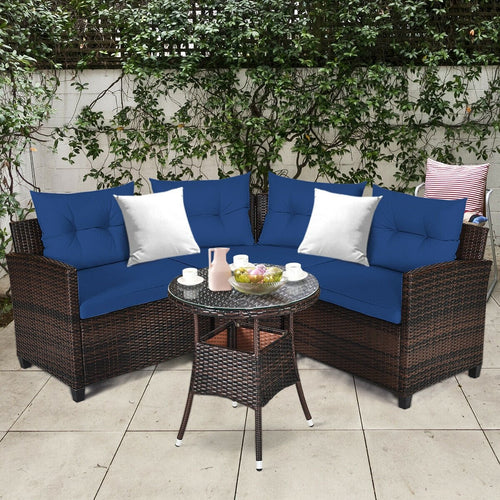 4 Pieces Outdoor Cushioned Rattan Furniture Set, Navy
