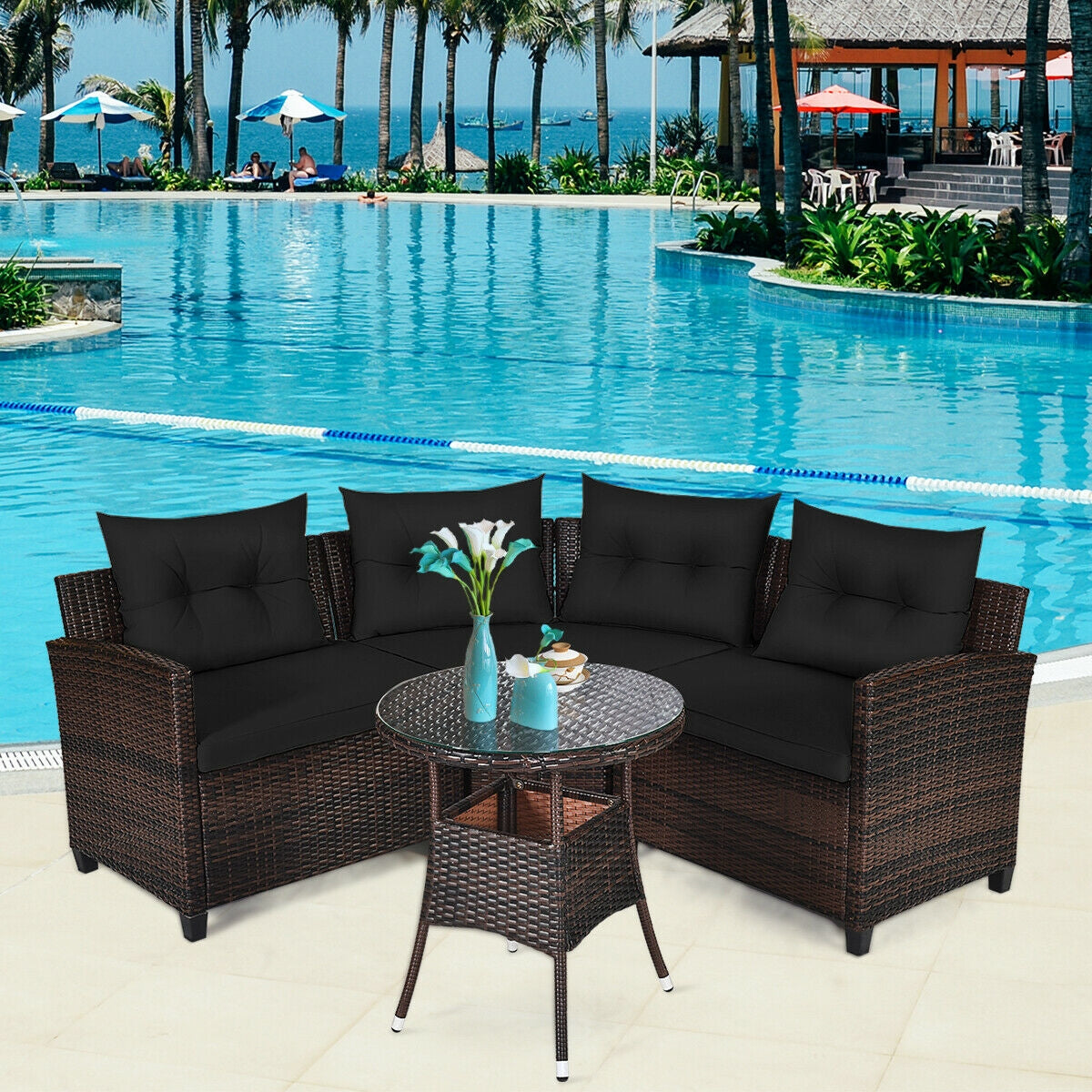 4 Pieces Outdoor Cushioned Rattan Furniture Set, Black Outdoor Sectionals at Gallery Canada