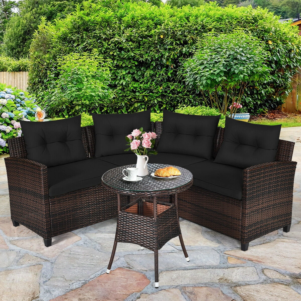 4 Pieces Outdoor Cushioned Rattan Furniture Set, Black Outdoor Sectionals at Gallery Canada