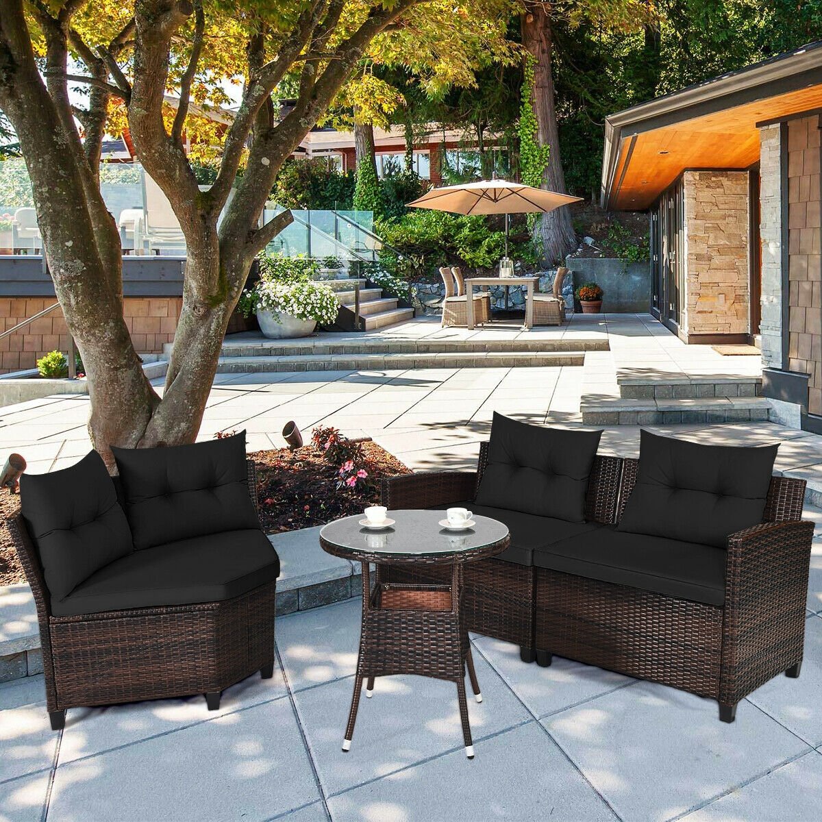 4 Pieces Outdoor Cushioned Rattan Furniture Set, Black - Gallery Canada