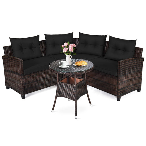 4 Pieces Outdoor Cushioned Rattan Furniture Set, Black