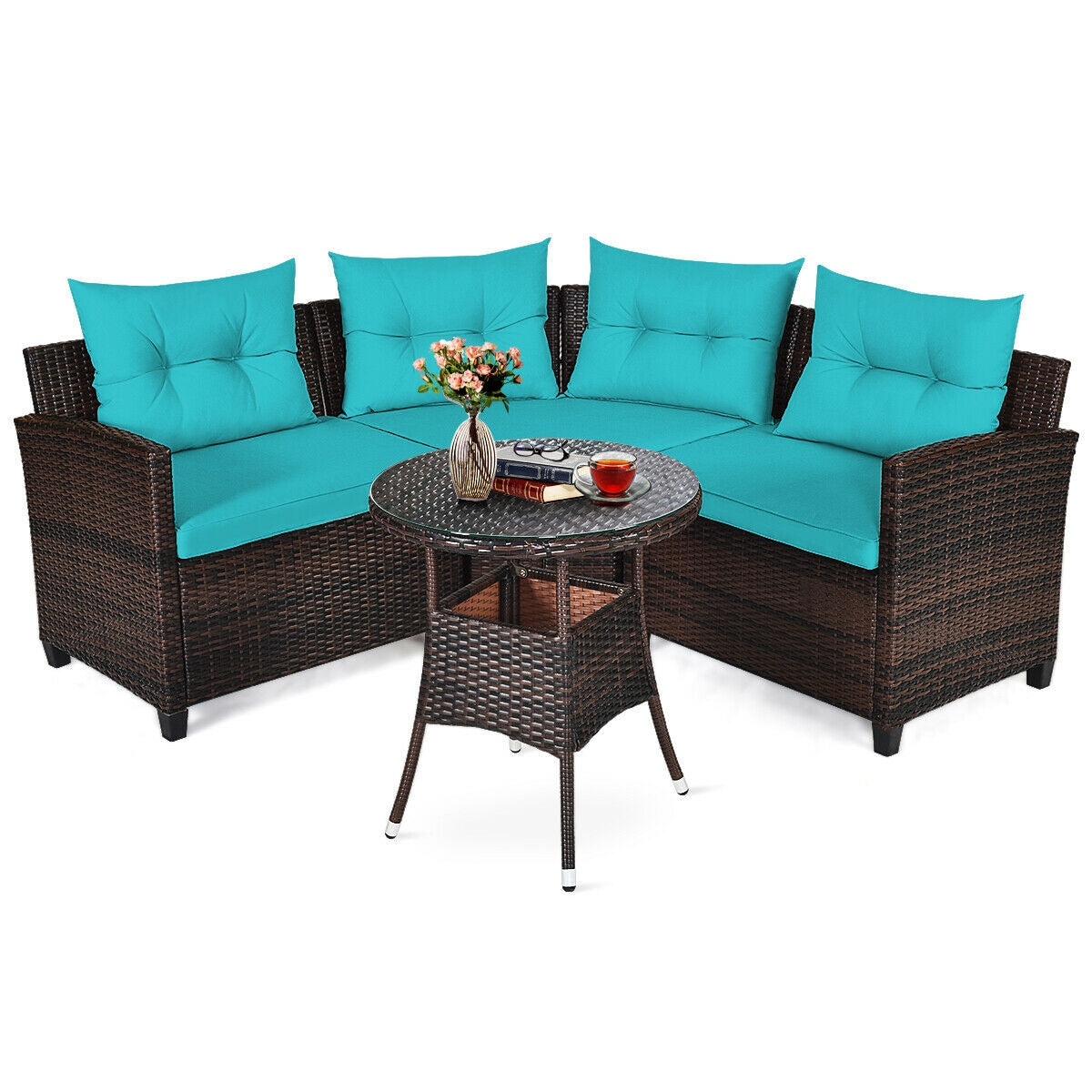 4Pcs Outdoor Cushioned Rattan Furniture Set, Turquoise Outdoor Sectionals Turquoise at Gallery Canada