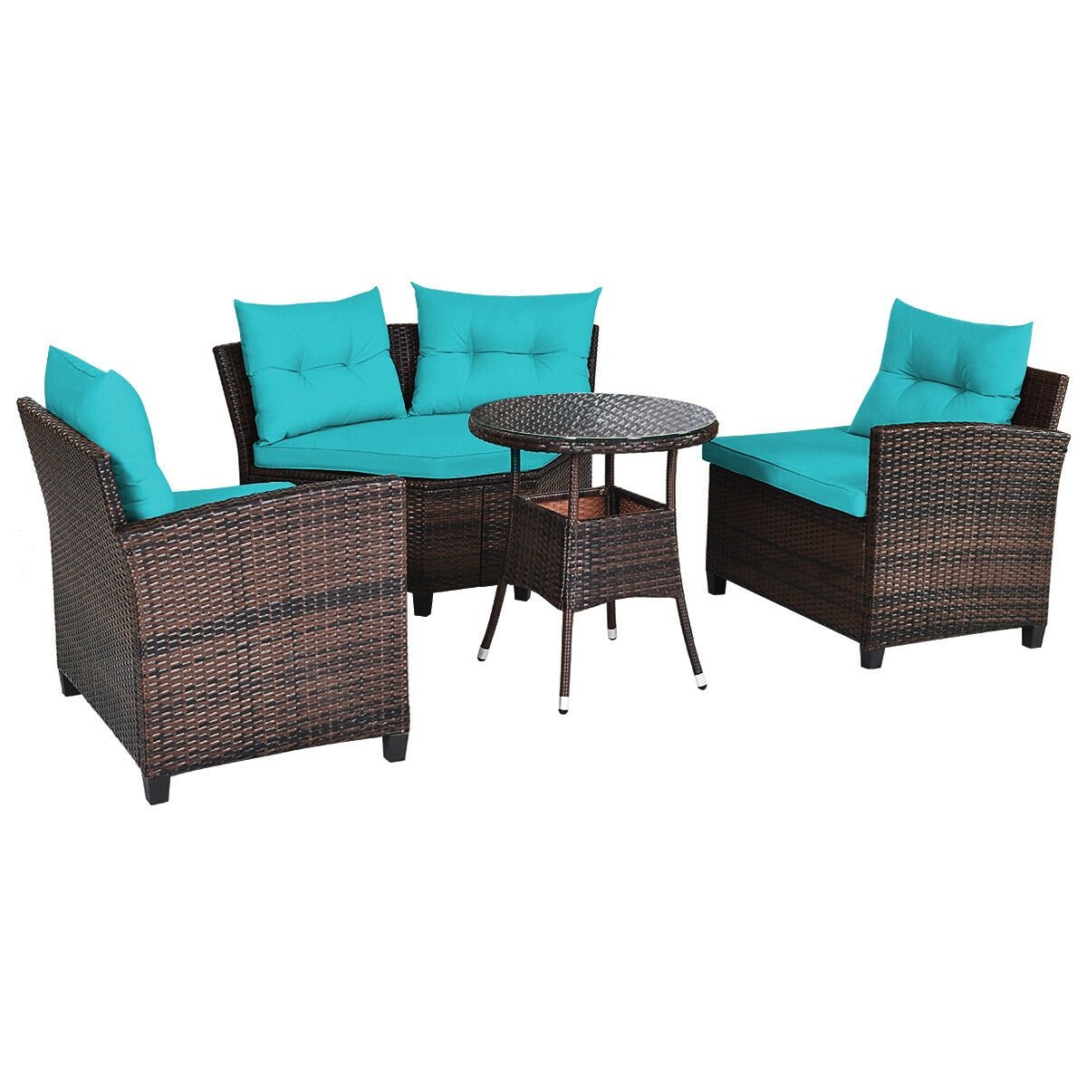 4Pcs Outdoor Cushioned Rattan Furniture Set, Turquoise - Gallery Canada