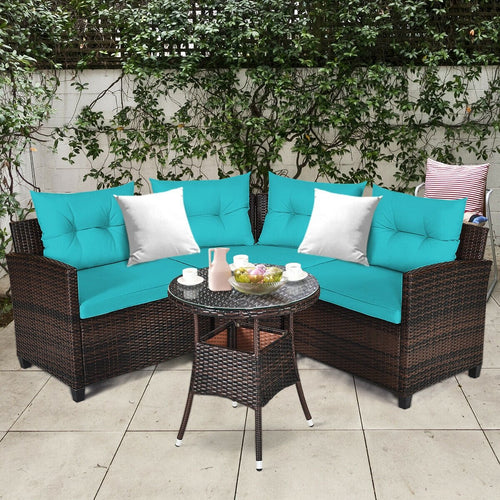 4Pcs Outdoor Cushioned Rattan Furniture Set, Turquoise