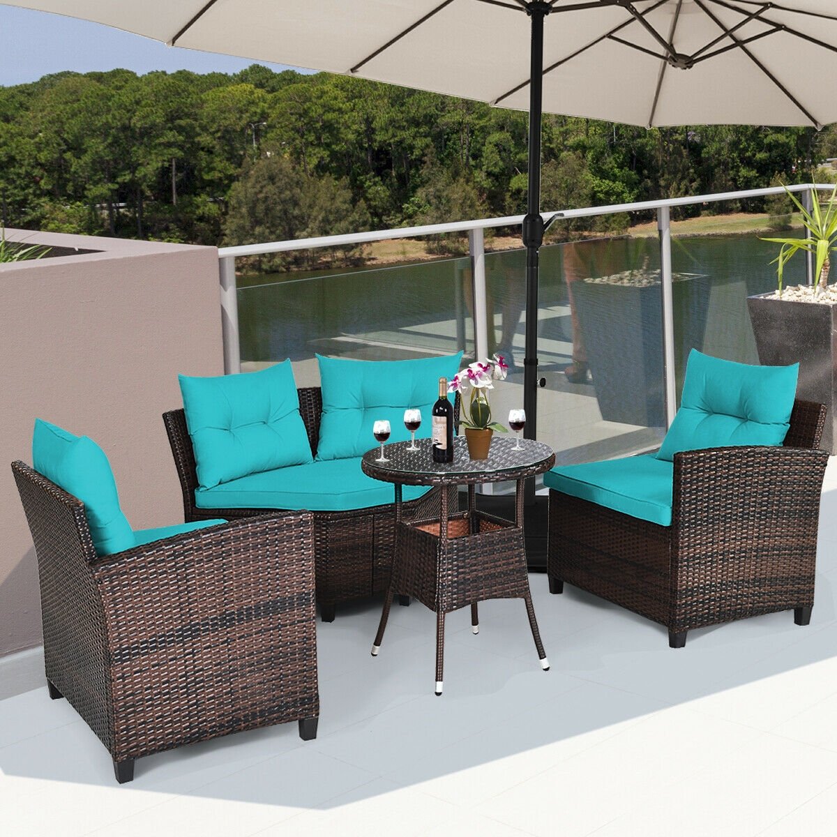 4Pcs Outdoor Cushioned Rattan Furniture Set, Turquoise - Gallery Canada