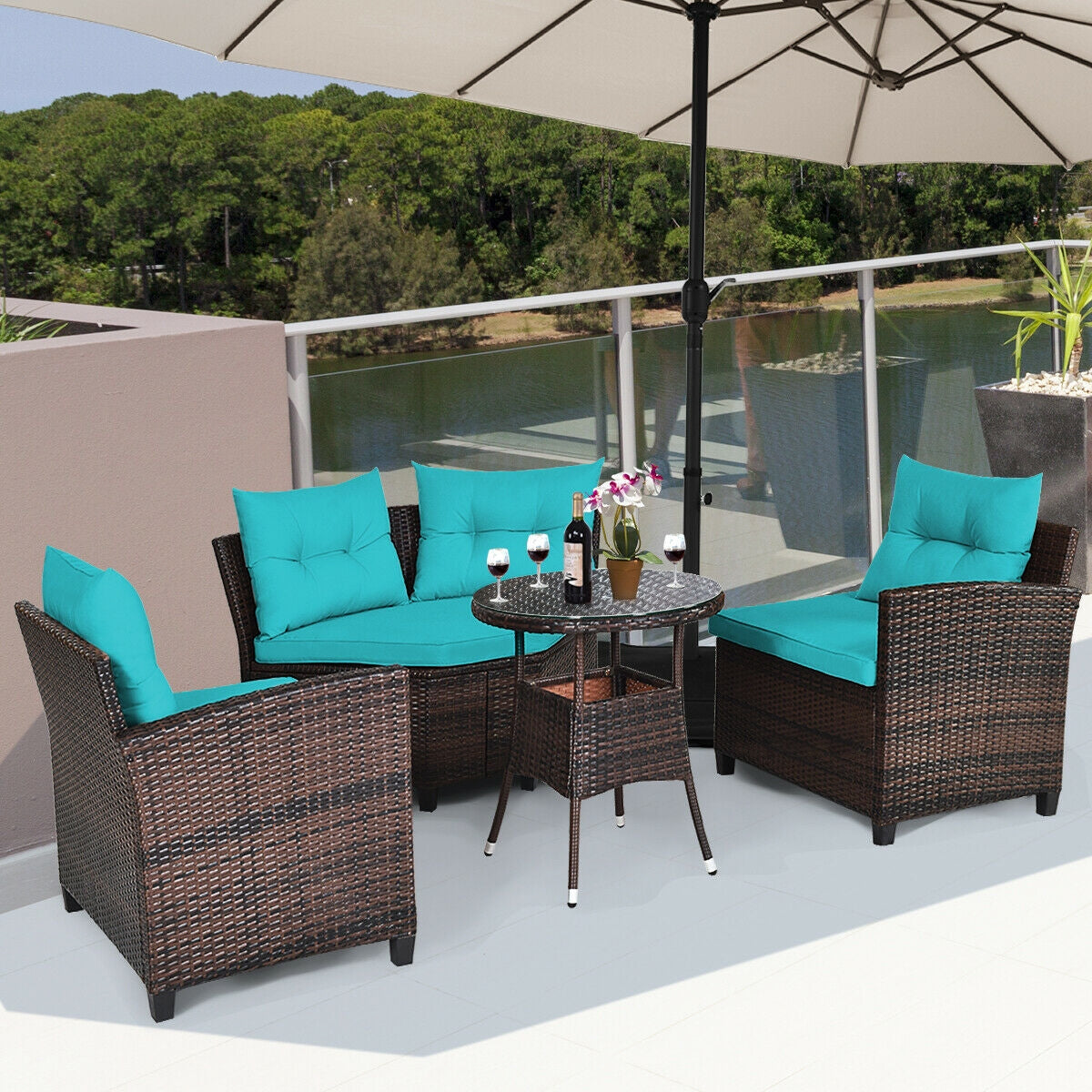 4Pcs Outdoor Cushioned Rattan Furniture Set, Turquoise Outdoor Sectionals at Gallery Canada