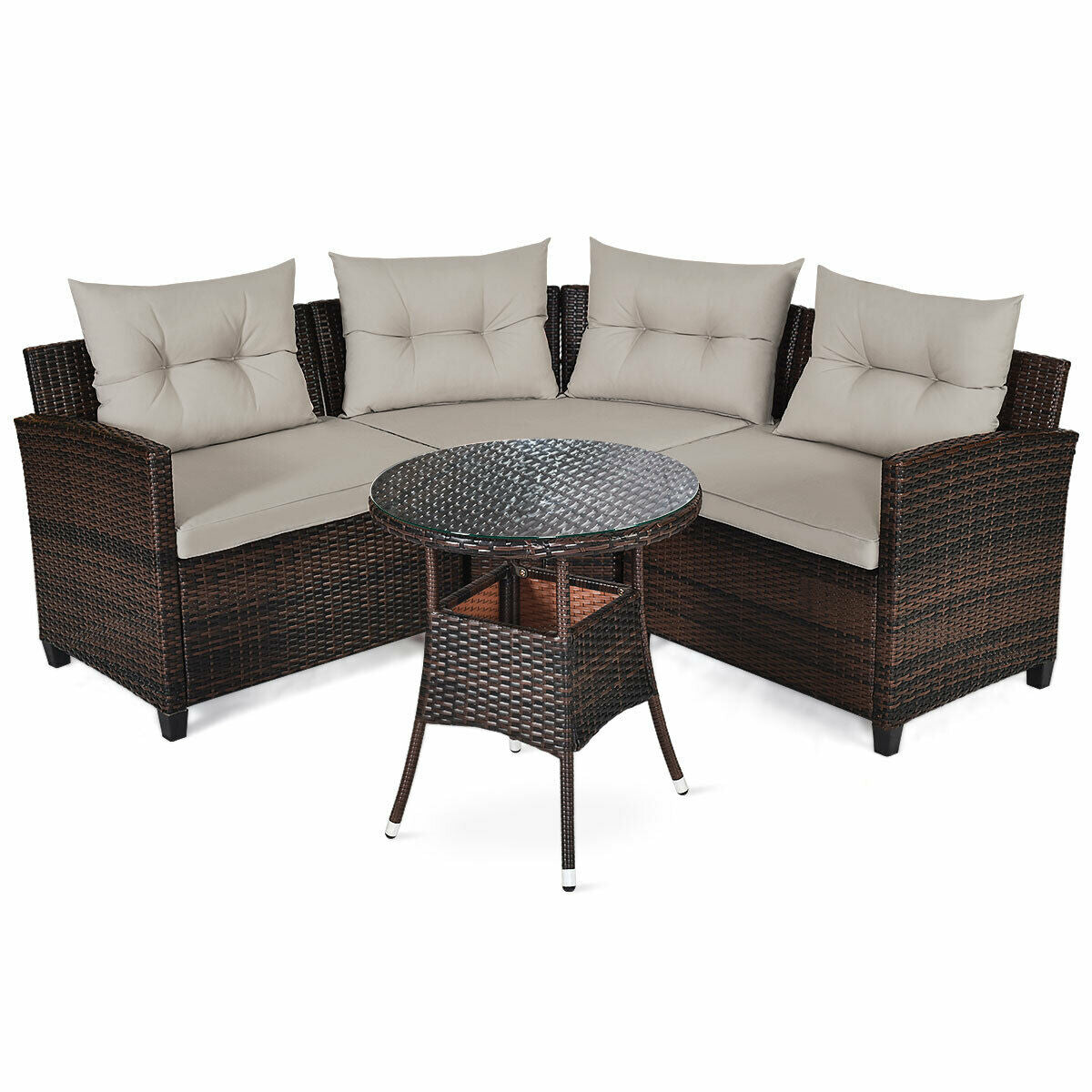 4 Pieces Outdoor Cushioned Rattan Furniture Set, Brown Outdoor Sectionals Brown at Gallery Canada