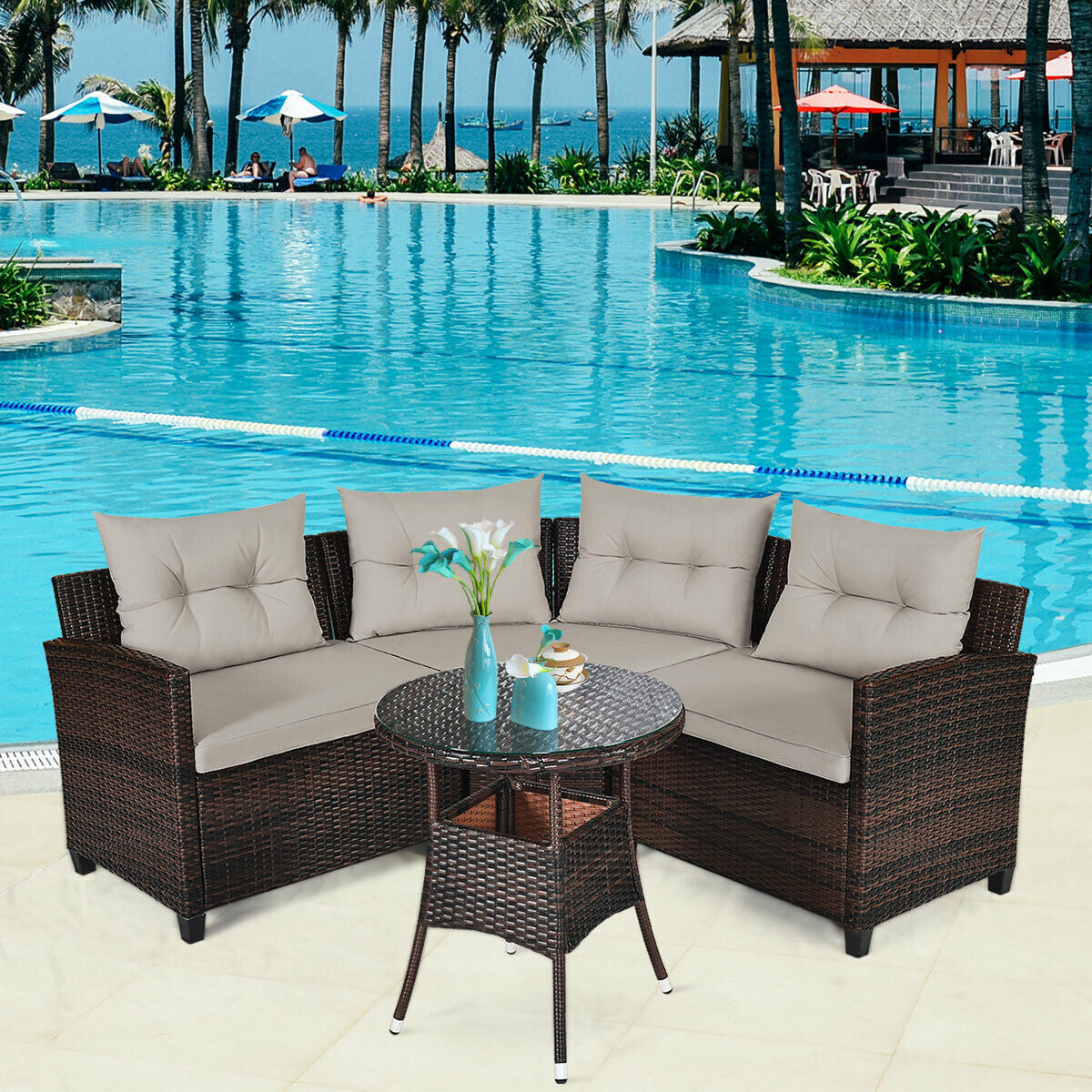 4 Pieces Outdoor Cushioned Rattan Furniture Set, Brown Outdoor Sectionals at Gallery Canada