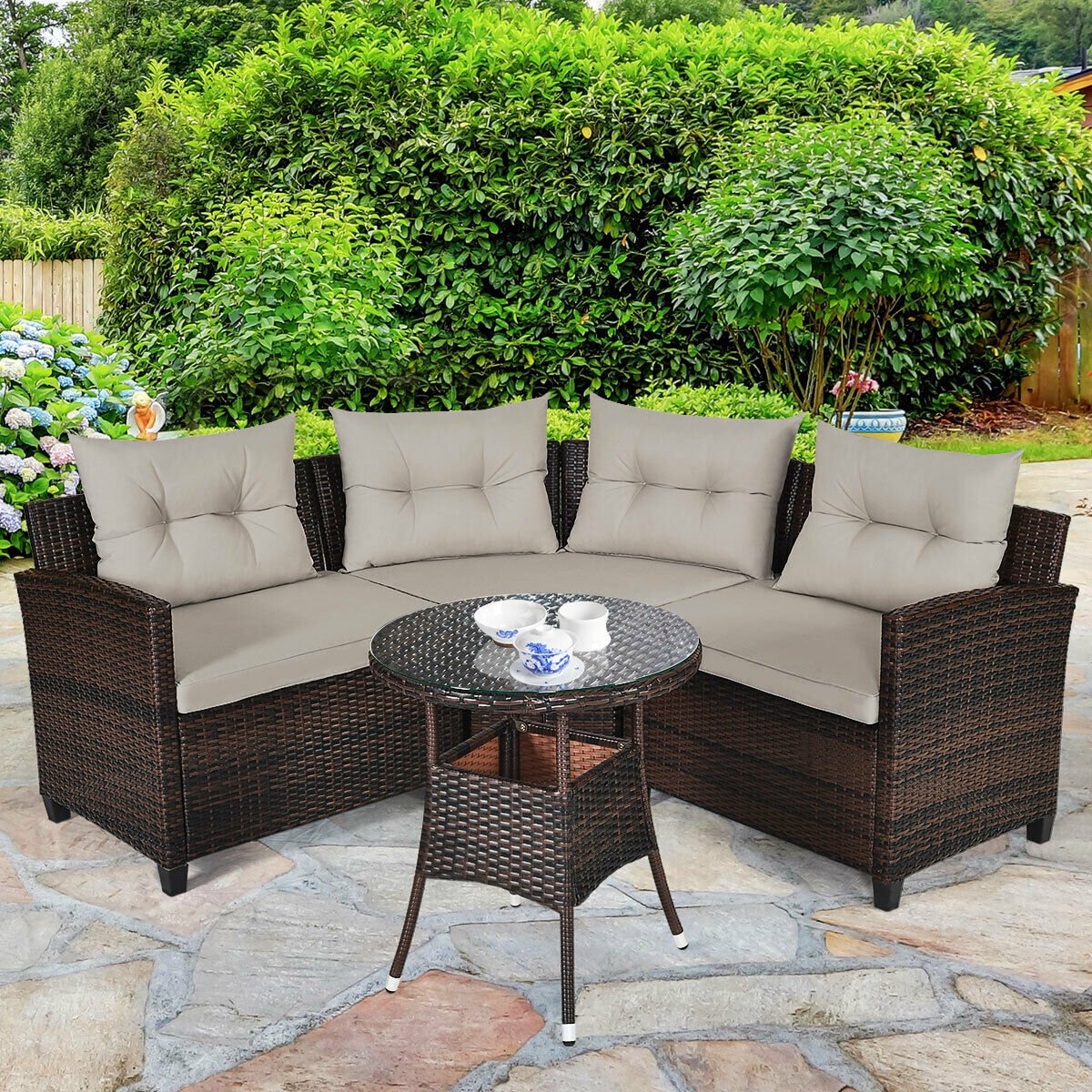 4 Pieces Outdoor Cushioned Rattan Furniture Set, Brown - Gallery Canada