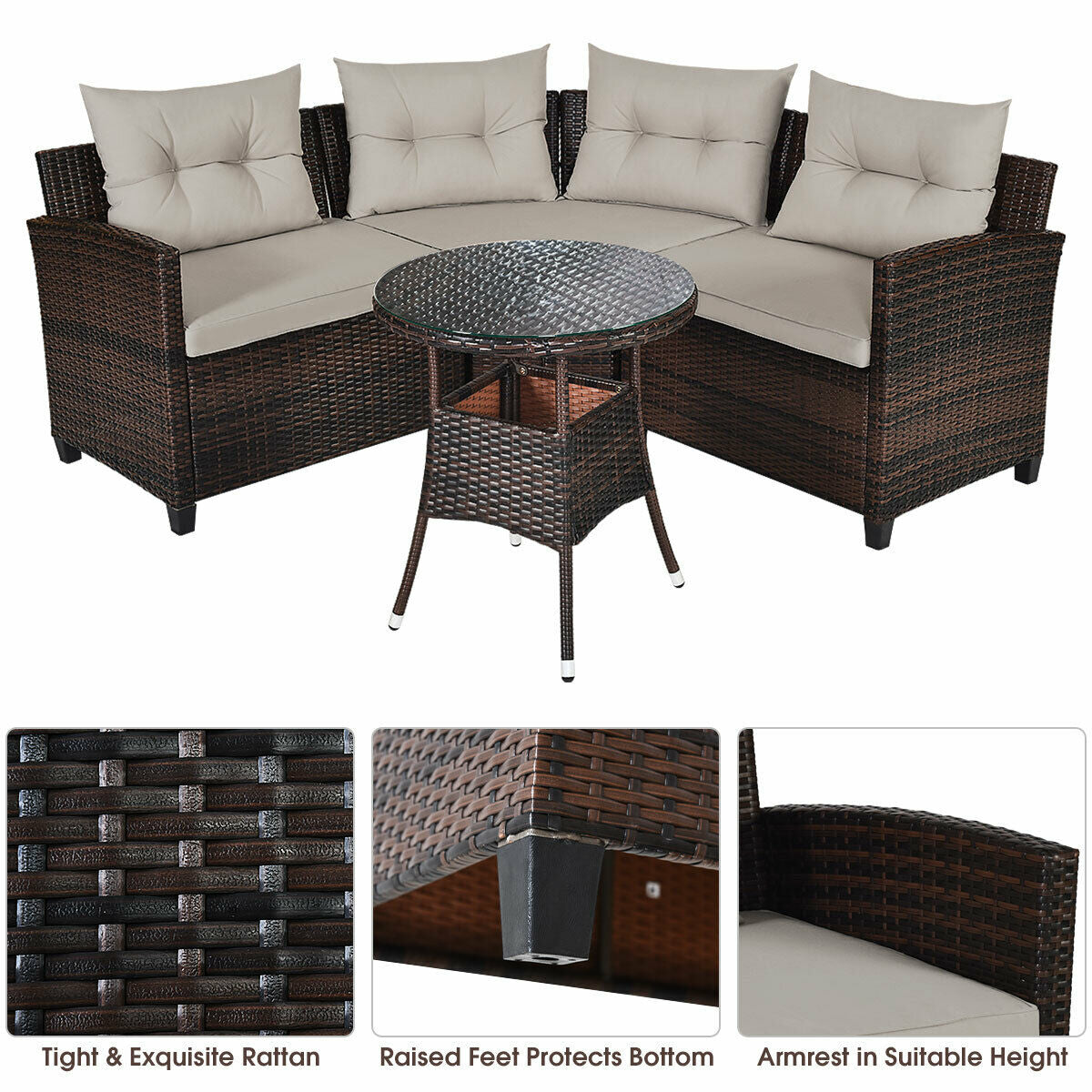 4 Pieces Outdoor Cushioned Rattan Furniture Set, Brown Outdoor Sectionals at Gallery Canada