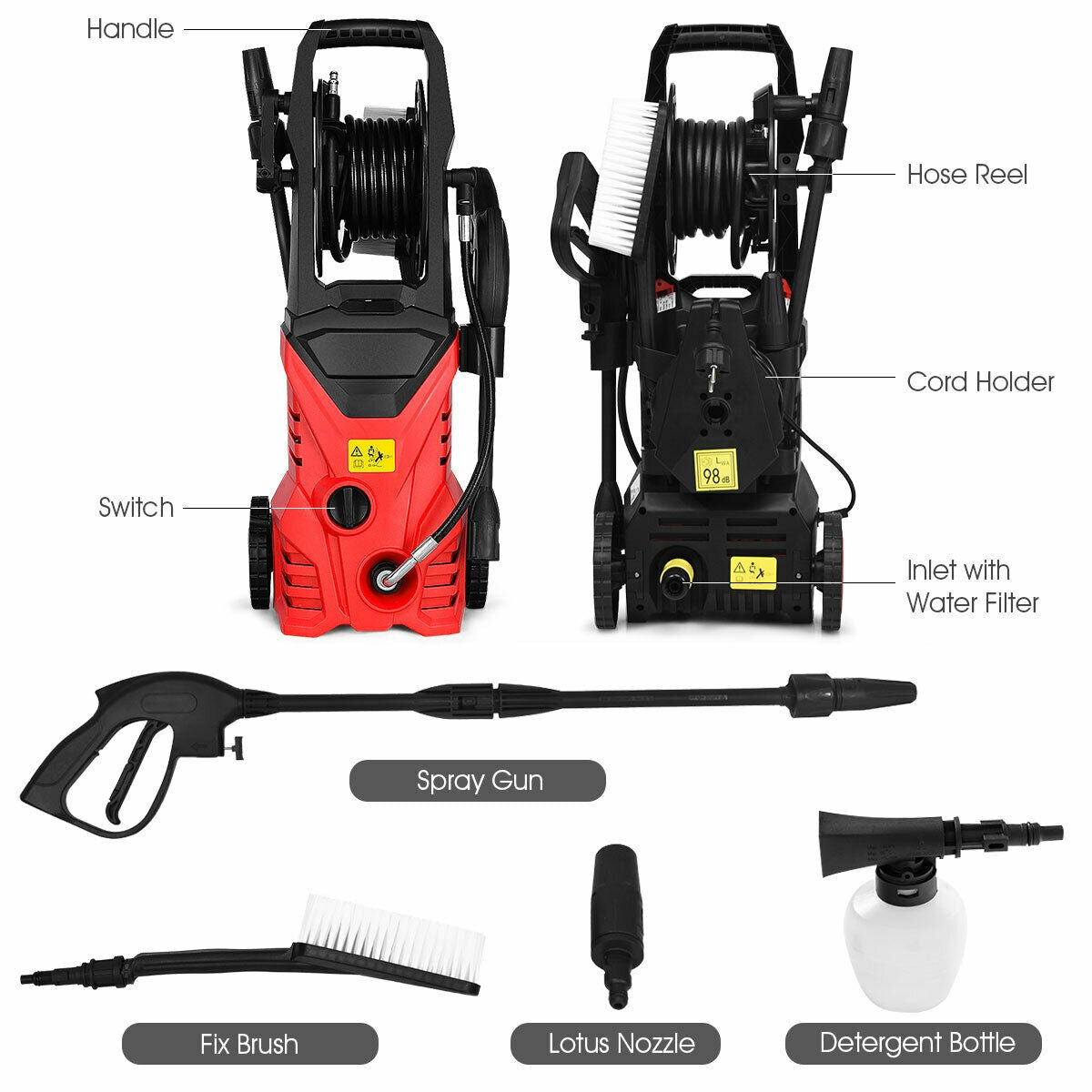1800W 2030PSI Electric Pressure Washer Cleaner with Hose Reel, Red Pressure Washers at Gallery Canada