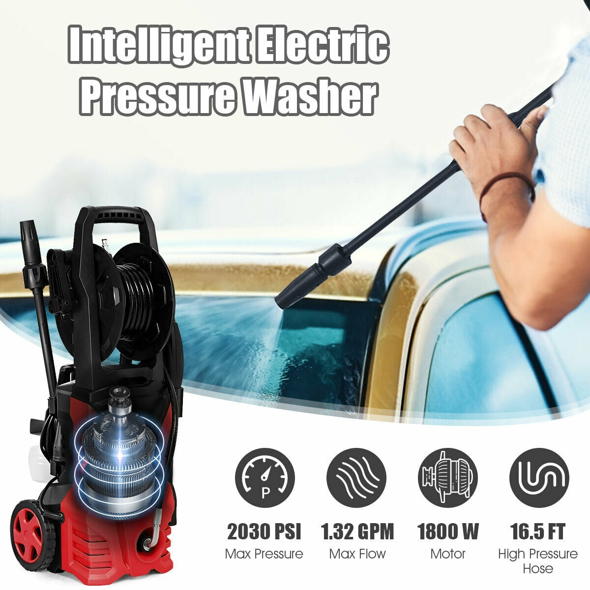 1800W 2030PSI Electric Pressure Washer Cleaner with Hose Reel, Red Pressure Washers at Gallery Canada