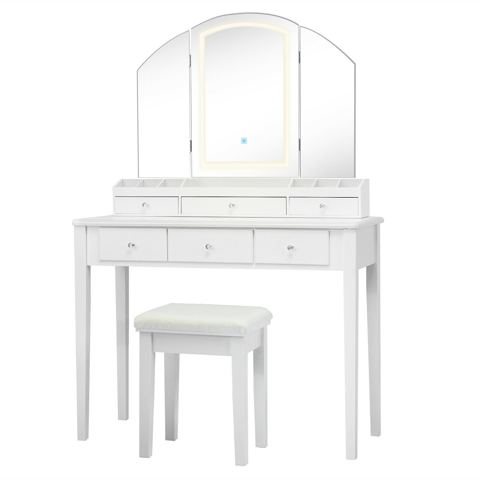 Vanity Table Stool Set with Large Tri-folding Lighted Mirror, White Makeup Vanities at Gallery Canada