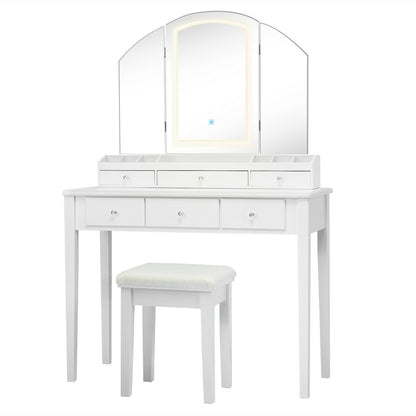 Vanity Table Stool Set with Large Tri-folding Lighted Mirror, White Makeup Vanities at Gallery Canada