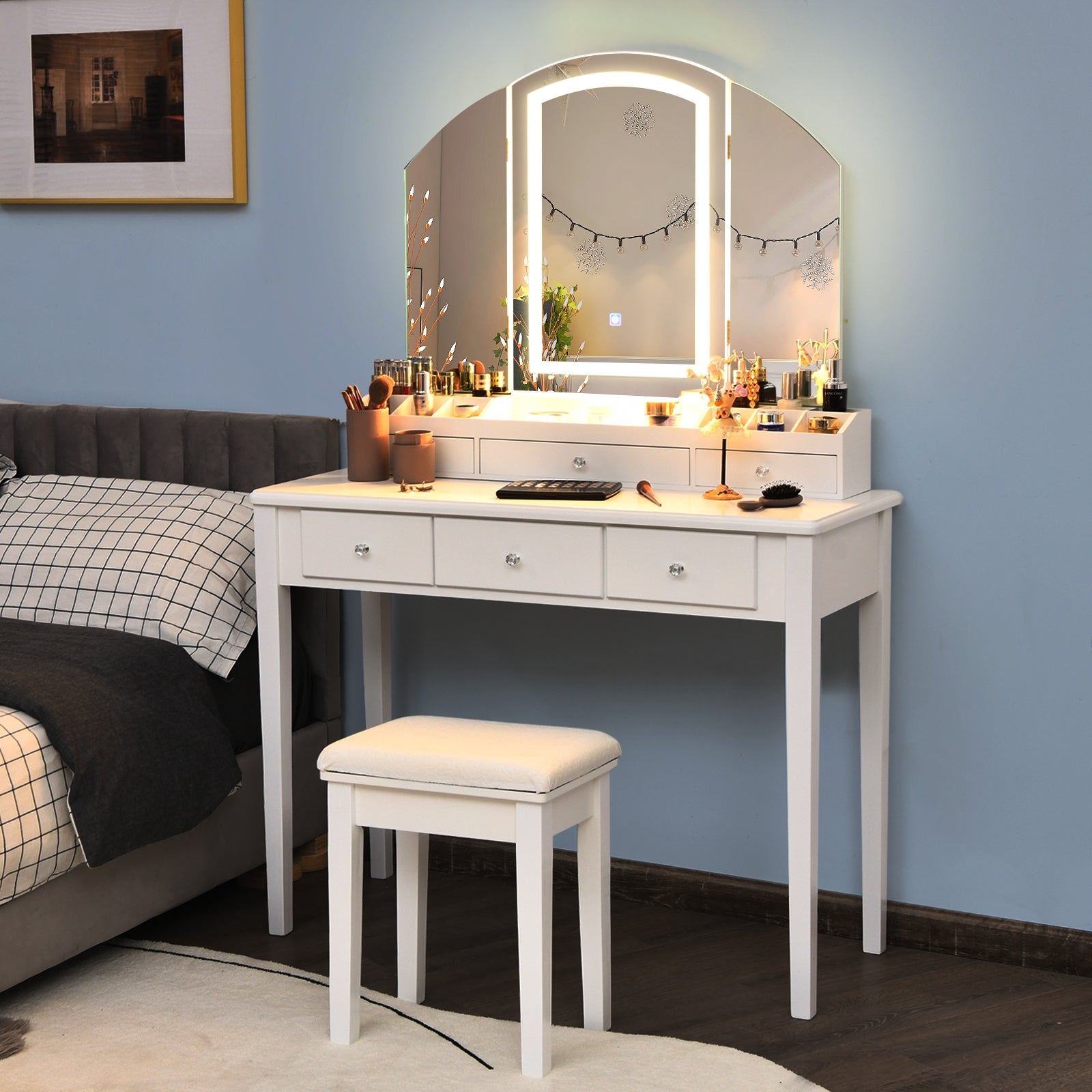 Vanity Table Stool Set with Large Tri-folding Lighted Mirror, White Makeup Vanities at Gallery Canada