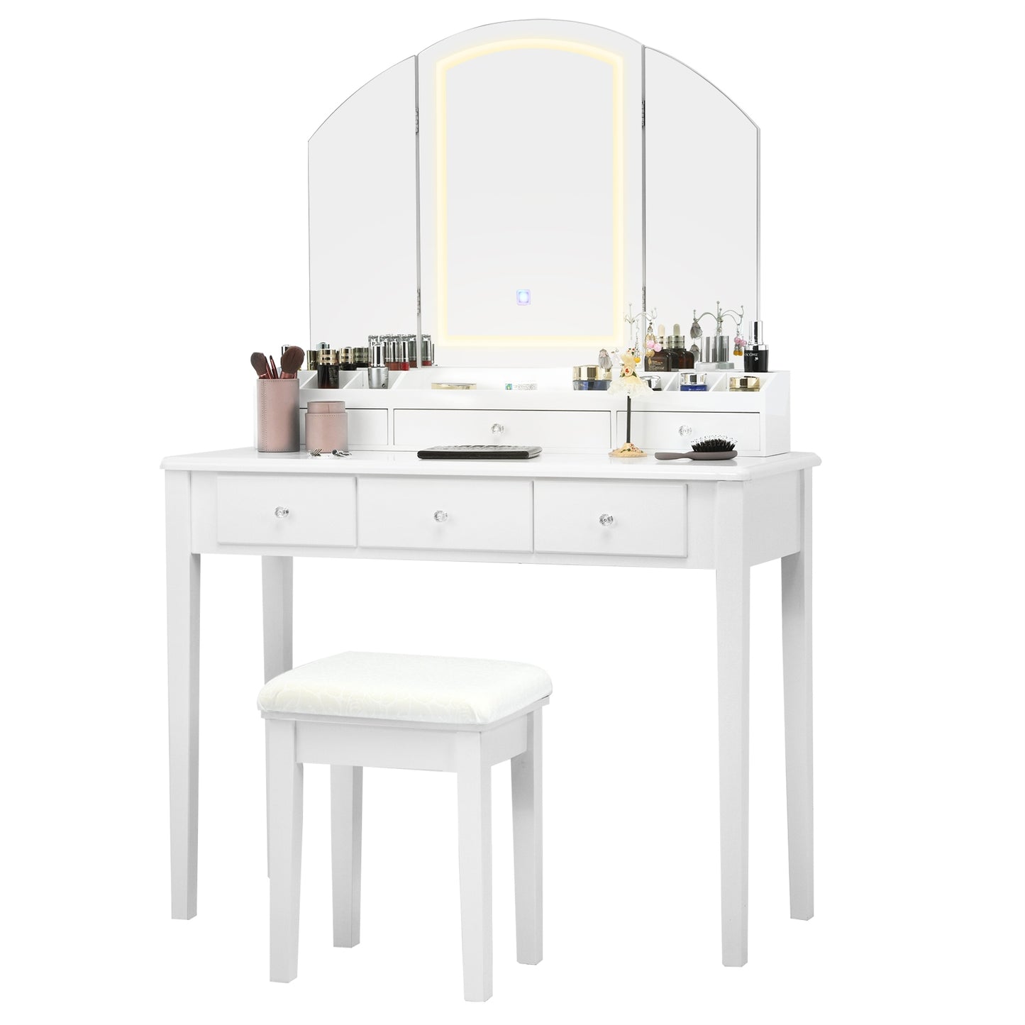 Vanity Table Stool Set with Large Tri-folding Lighted Mirror, White Makeup Vanities at Gallery Canada