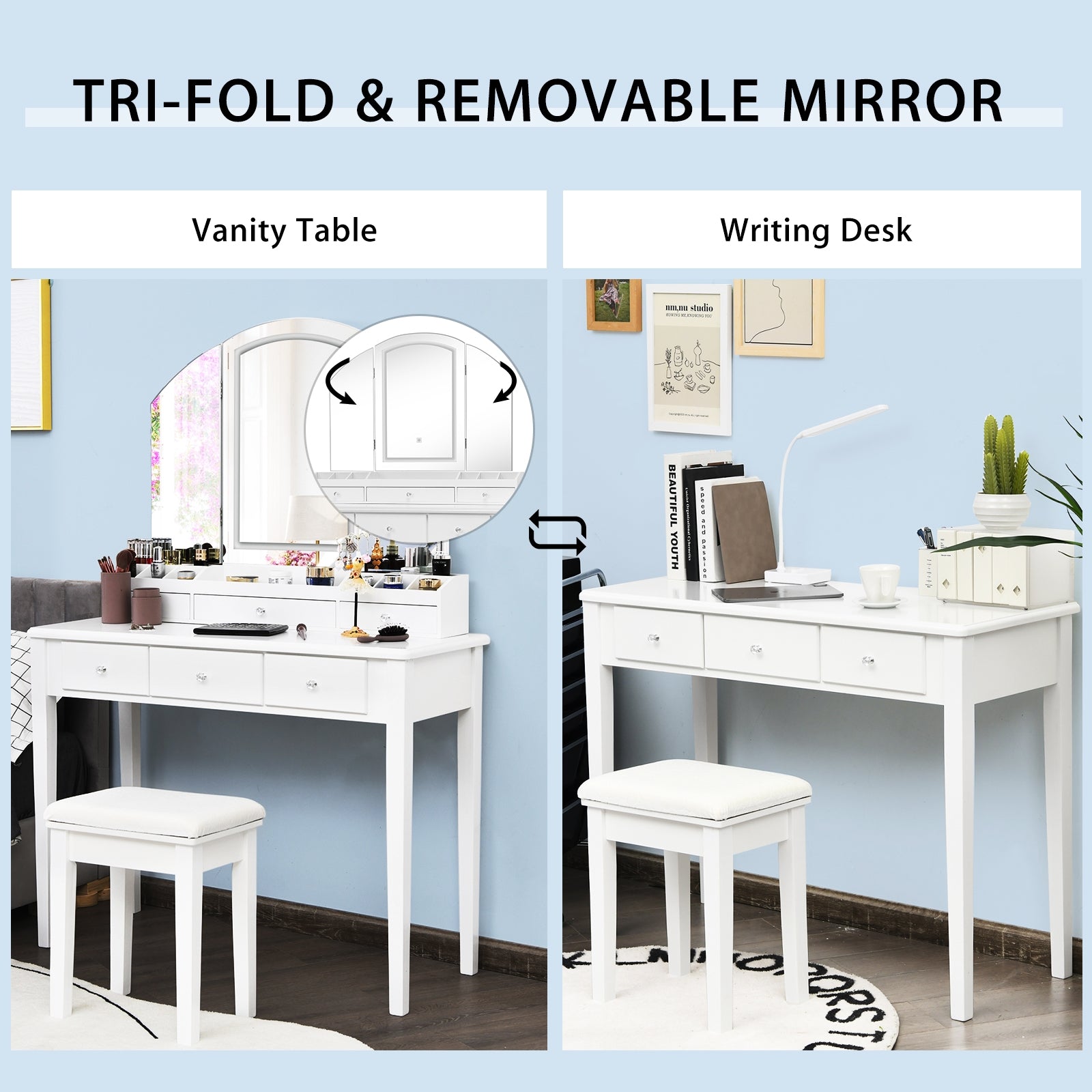 Vanity Table Stool Set with Large Tri-folding Lighted Mirror, White Makeup Vanities at Gallery Canada