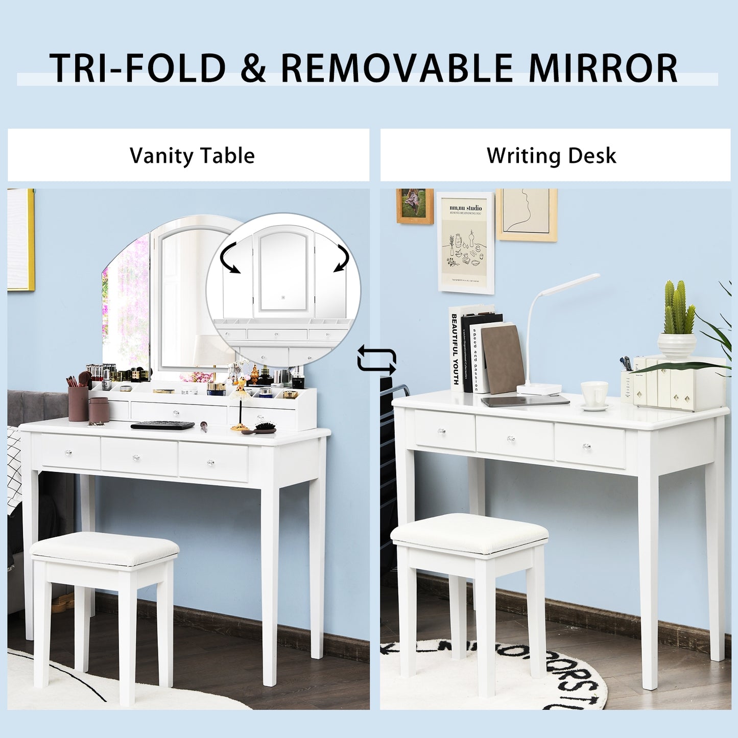 Vanity Table Stool Set with Large Tri-folding Lighted Mirror, White Makeup Vanities at Gallery Canada