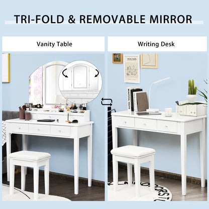 Vanity Table Stool Set with Large Tri-folding Lighted Mirror, White Makeup Vanities at Gallery Canada