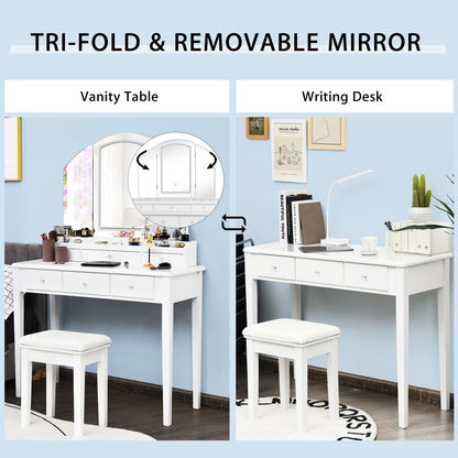 Vanity Table Stool Set with Large Tri-folding Lighted Mirror, White - Gallery Canada