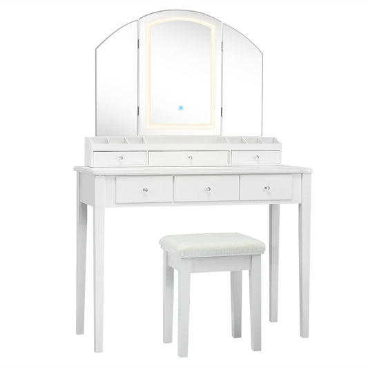 Vanity Table Stool Set, Large Tri-Folding Lighted Mirror, White Makeup Vanities White at Gallery Canada