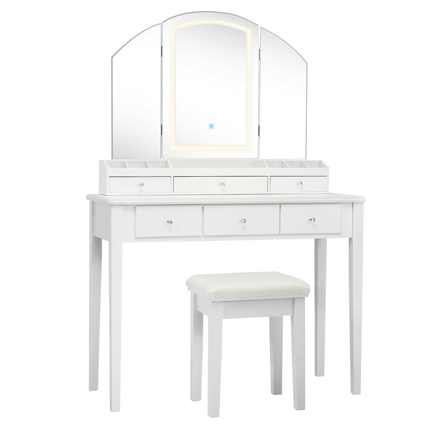 Vanity Table Stool Set, Large Tri-Folding Lighted Mirror, White Makeup Vanities White at Gallery Canada