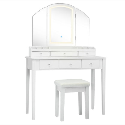 Vanity Table Stool Set, Large Tri-Folding Lighted Mirror, White Makeup Vanities White at Gallery Canada